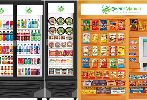 Row of vending machines, fresh food, and snacks in a micro-market